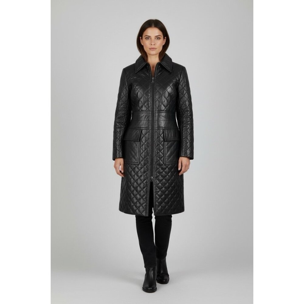 Express Leather Trench Coat  Long Black Quilted Jacket VTG Y2K  Womens 5/6